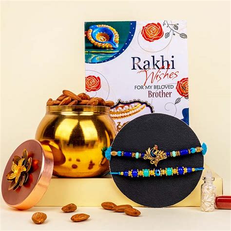 Send Designer Rakhis With Golden Lotta Of Almonds And Rakhi Wish Card