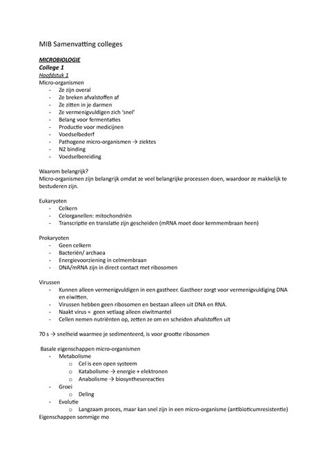 MIB Samenvatting Colleges MIB Samenvatting Colleges MICROBIOLOGIE