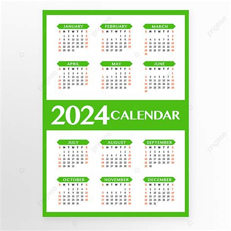 Modelo De Calendário De Ano Novo De 2024 Modelo De Calendário Verde