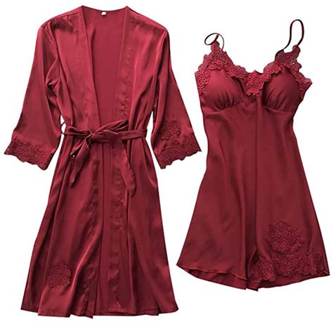 Rbaofujie 2 Piece Women Satin Nightgowns And Robe Set Lace Silk Slip