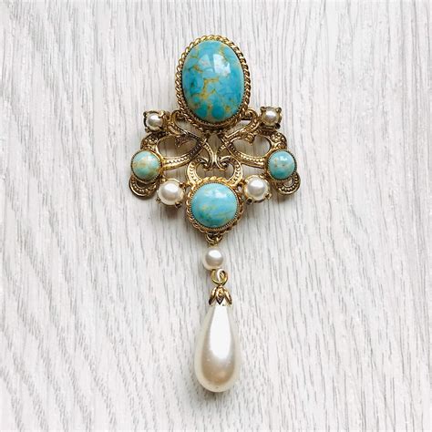 Vintage Victorian Revival Turqoise And Pearl Brooch Faux Pearl Dangle Brooch Glass Turquoise