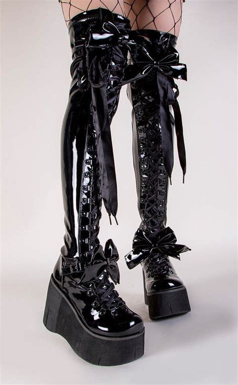 Demonia Kera 303 Black Patent Thigh High Boots Goth Shoes Australia Tragic Beautiful Thigh