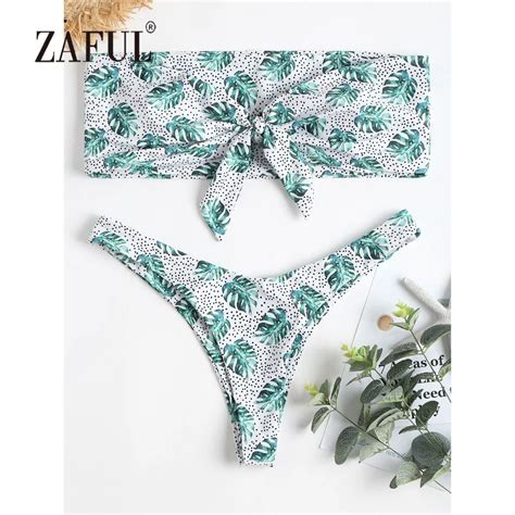 Zaful Bandeau Bikini Leaf Polka Dot Swimwear Women High Cut Swimsuit