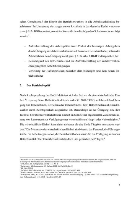 Der Betriebsübergang gemäß 613a BGB Tatbestandsmerkmale und