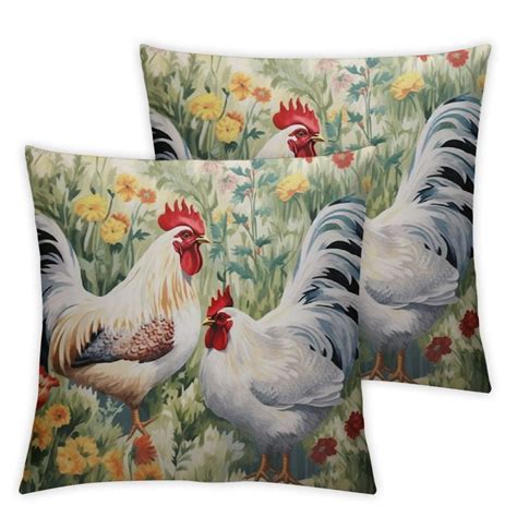 Nawypu Chicken And Rooster Throw Pillow Cover In The Grass On White