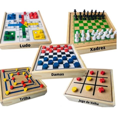 Conjunto Jogos 5x1 Dama Jogo Da Velha Ludo Trilha Xadrez Desconto No