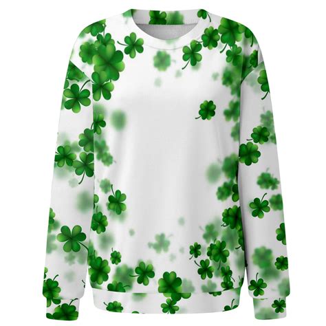 Womens St Patricks Day Shirts Long Sleeve Crewneck T Shirt Clover