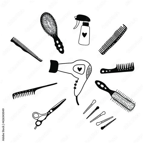 Hand Drawn Hairdressing Items Tools Scissors Comb Pulverizer