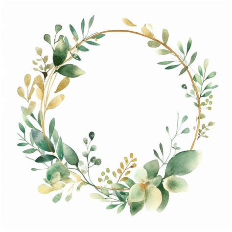Enchanting Watercolor Greenery Gold Round Frame 2, Delicate Leaves ...