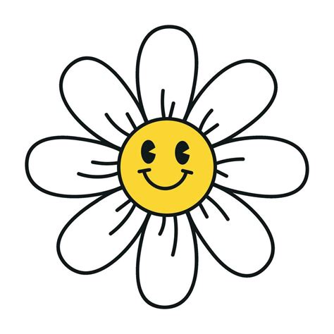 Groovy Daisy Flowers Face Collection Retro Chamomile Smiles In Cartoon