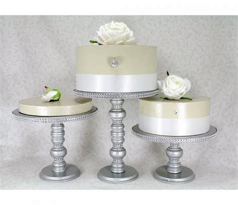 3 Silver Cake Stands Set Round Wooden Rhinestone Party Cupcake