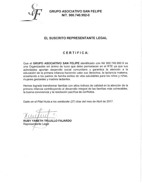 Certificado Representante Legal San Felipe Pdf