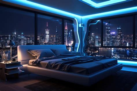 Premium AI Image | The interior of a modern bedroom with a bed and blue ...