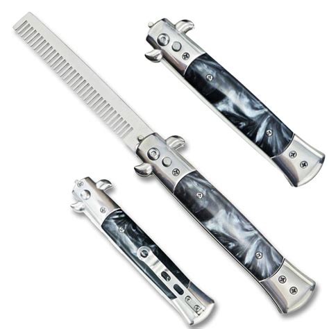 Auto Push Button Comb Switchblade Looking Knife Marble Black Handle - Edge Import