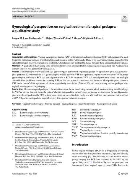 Pdf Gynecologists Perspectives On Surgical Treatment For Apical