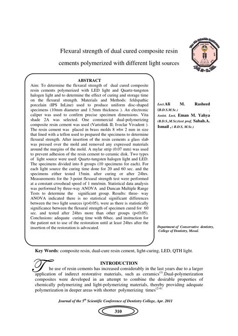 Pdf Flexural Strength Of Dual Cured Composite Resin Cements Polymerized With Different Light