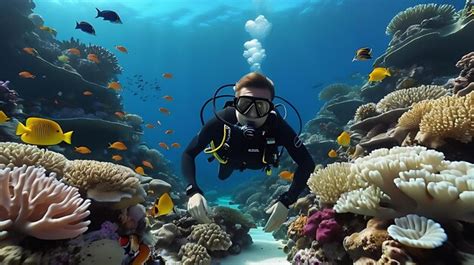 premium photo  diver swims   coral reef   diver