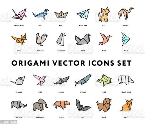 Origami Gefaltet Papier Tiere Formen Vogel Kran Katze Hund Rhino Fox Maus Elefant Flache Farbe