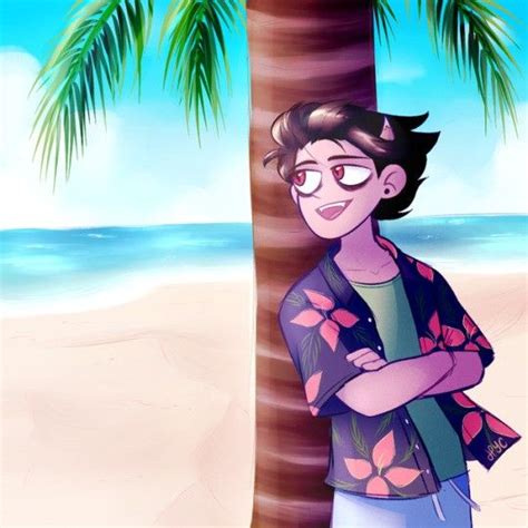 A Boy Standing Under A Palm Tree On The Beach