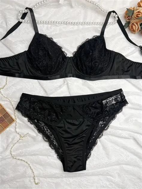 Plus Size Contrast Lace Semi Sheer Bra Panties Set Womens Temu