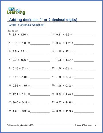 Grade Decimals Worksheets Adding Decimals Digits K Learning