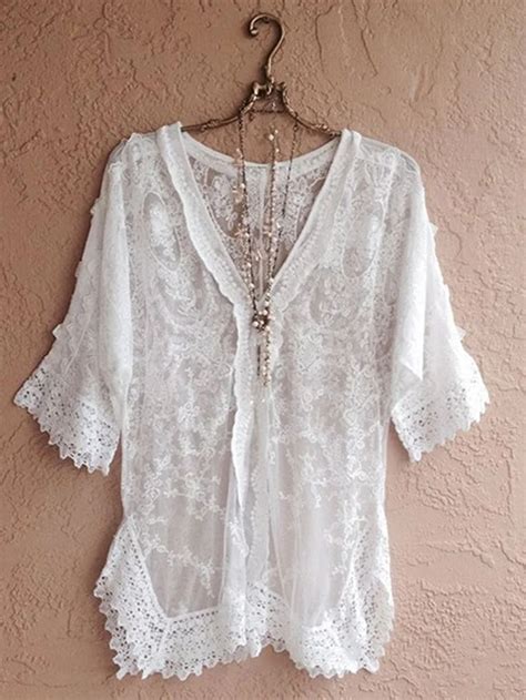 Womens Lace V Neck Floral Sleeves And Hem Casual Linen Top In 2023