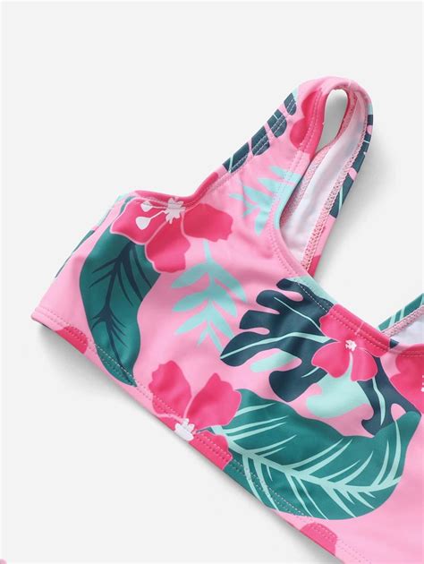 Young Girl Tropical Print Bikini Swimsuit With Kimono Shein Usa