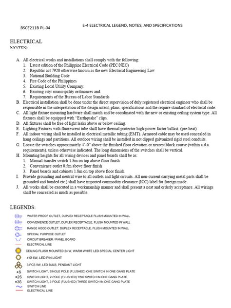 electrical legend notes  specifications  electrical wiring