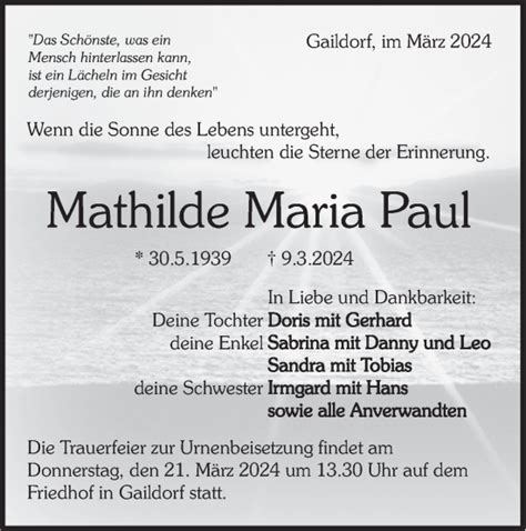 Traueranzeigen Von Mathilde Maria Paul S Dwest Presse Trauer