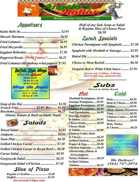 Menu at Angelo's Italian Restaurant, Jupiter