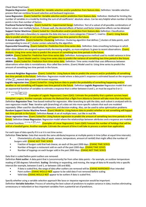 Final Exam Cheat Sheet Cheat Sheet Final Exam Stepwise Regression