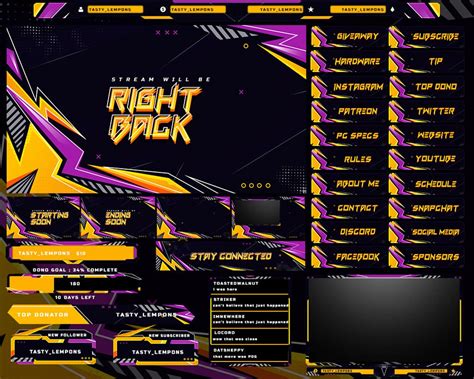 Purple And Yellow Animated Twitch Overlay Package Webcam Screens Panels Alerts Transition