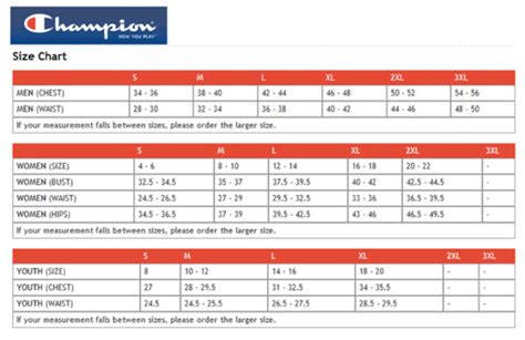 Champion Sizing Chart Crt Apparel