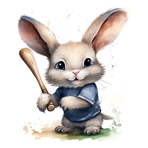 Cute Bunny With Baseball Bat Watercolor Illustration Stock Illustration