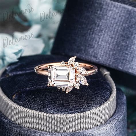 Art Deco Emerald Cut Moissanite Engagement Ring Unique 925 Etsy