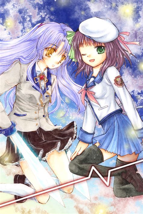 Safebooru Angel Beats Blazer Blue Hair Collaboration Green Eyes Hand Sonic Hat Hinokami