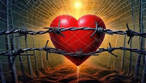 Premium Photo Red Heart Symbol Wrapped In Barbed Wire Fence