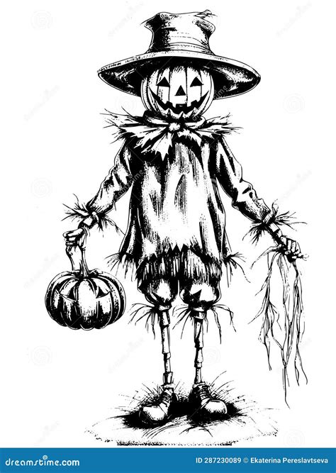 Cartoon Scary Scarecrow Made of Pumpkin on White Background, Sketch Vector Stock Vector ...