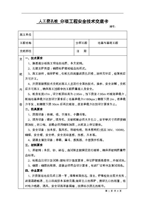 人工挖孔桩分项工程安全技术交底卡施工交底土木在线