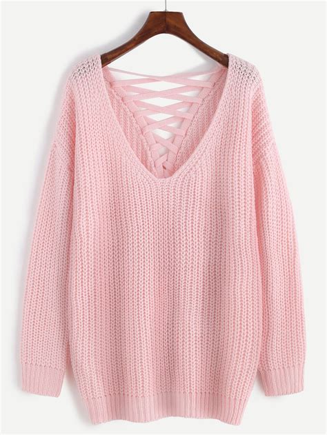 Pink Deep V Neck Lace Up Back Drop Shoulder Sweater Drop Shoulder