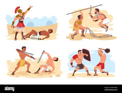 Gladiators Fight Scenes Ancient Roman Warriors People In Armor Muscular Legionnaires In