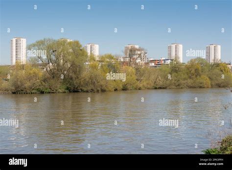 Brentford Ait on the River Thames with Brentford Towers Estate in the ...