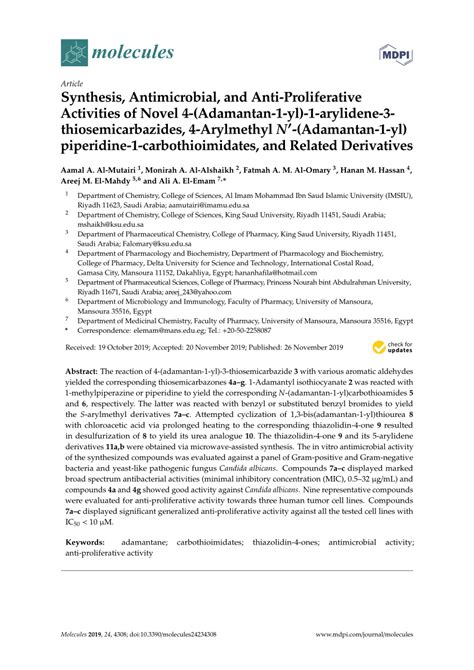 Pdf Synthesis Antimicrobial And Anti Proliferative Activities Of Novel 4 Adamantan 1 Yl 1