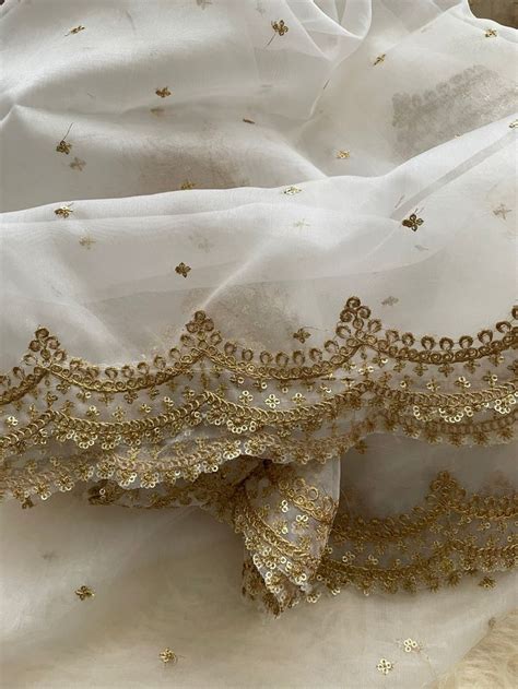 White Organza Embroidered Dupatta Scalloped Border Sequins Work Silver