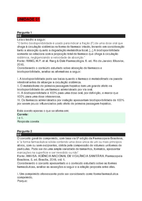 Compilado Famacologia Basica 1 UNIDADE 01 Pergunta 1 0 Leia O Trecho