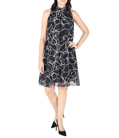 Robbie Bee Abstract Floral Print Sleeveless Mock Neck Waistless Chiffon