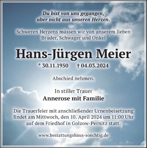 Traueranzeigen von Hans Jürgen Meier Märkische Onlinezeitung Trauerportal