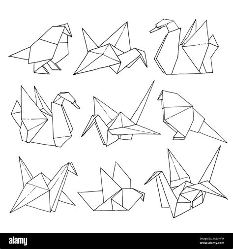 Origami Vögel Formen Vektor Einrichten Hand Gezeichnet Ordner Papier Kunst Farbe Tier Abbildung