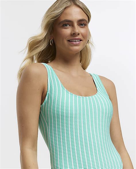 Aqua Textured Striped Swimsuit River Island