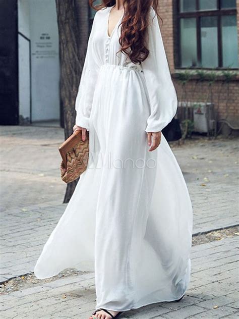 Chiffon Maxi Dress V Neck Long Puff Sleeve Buttons Womens White Long